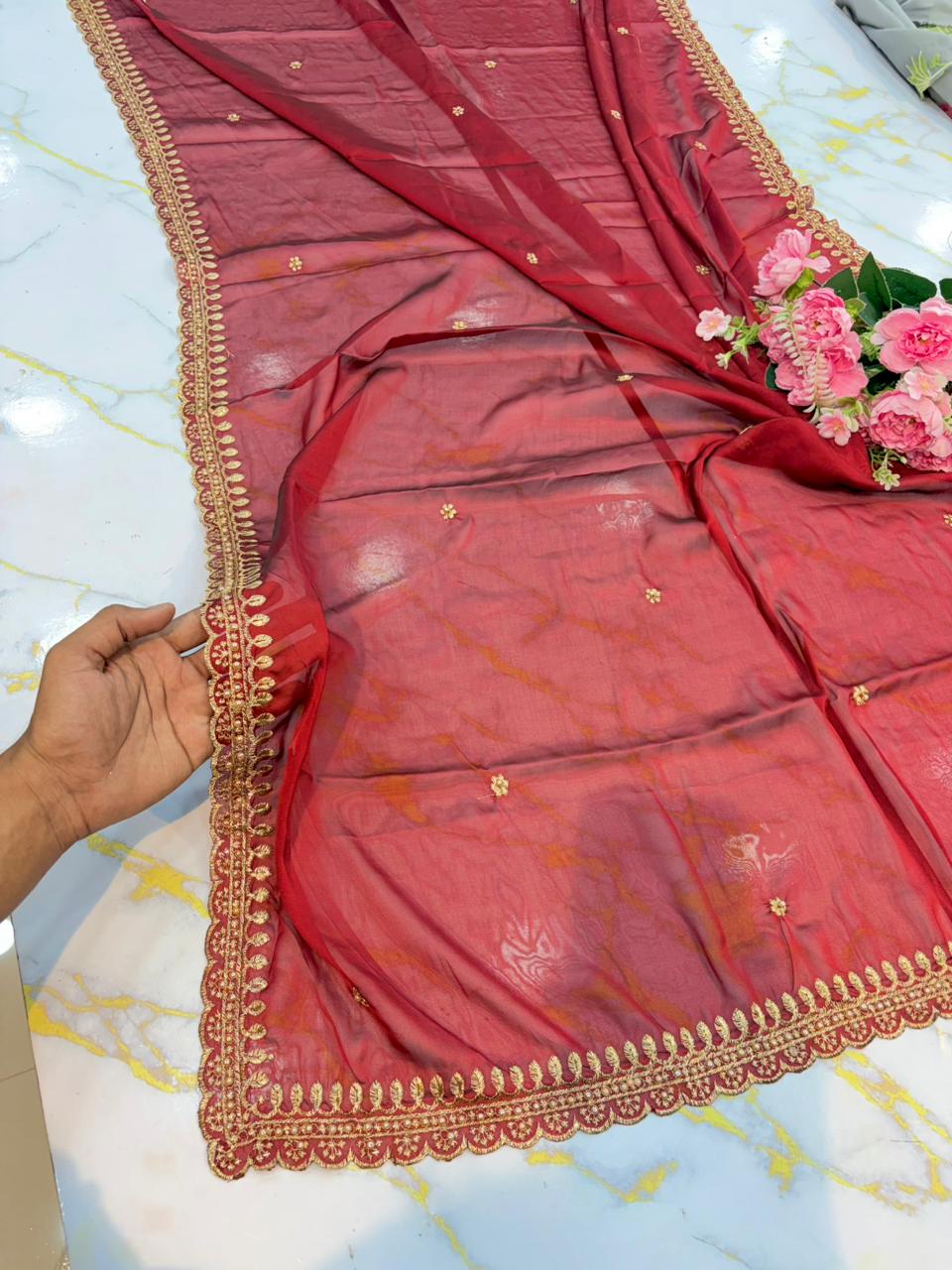 Regal Rangoli Silk Dupatta with Handcrafted Pearl & Zari Border (2.75M)