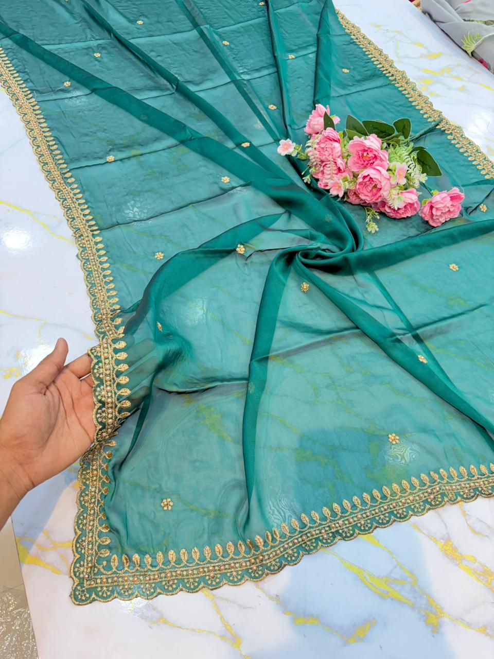 Regal Rangoli Silk Dupatta with Handcrafted Pearl & Zari Border (2.75M)