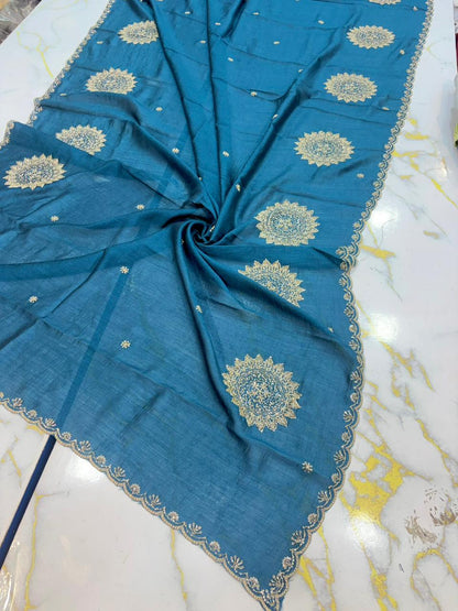 Vichitra Silk Dupatta with Grand Mandala Embroidery & Scalloped beats work Borders (2.75M