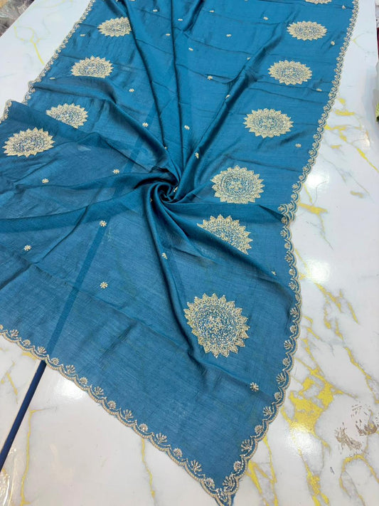 Vichitra Silk Dupatta with Grand Mandala Embroidery & Scalloped beats work Borders (2.75M