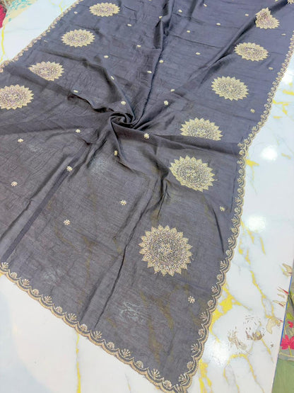 Vichitra Silk Dupatta with Grand Mandala Embroidery & Scalloped beats work Borders (2.75M