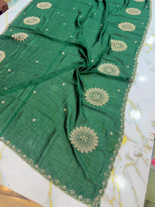 Vichitra Silk Dupatta with Grand Mandala Embroidery & Scalloped beats work Borders (2.75M