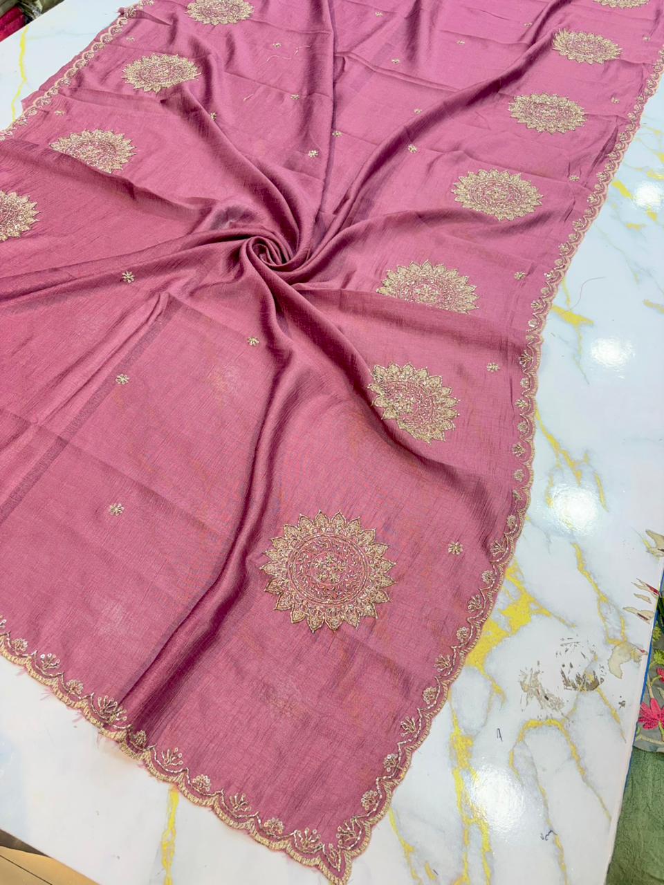 Vichitra Silk Dupatta with Grand Mandala Embroidery & Scalloped beats work Borders (2.75M