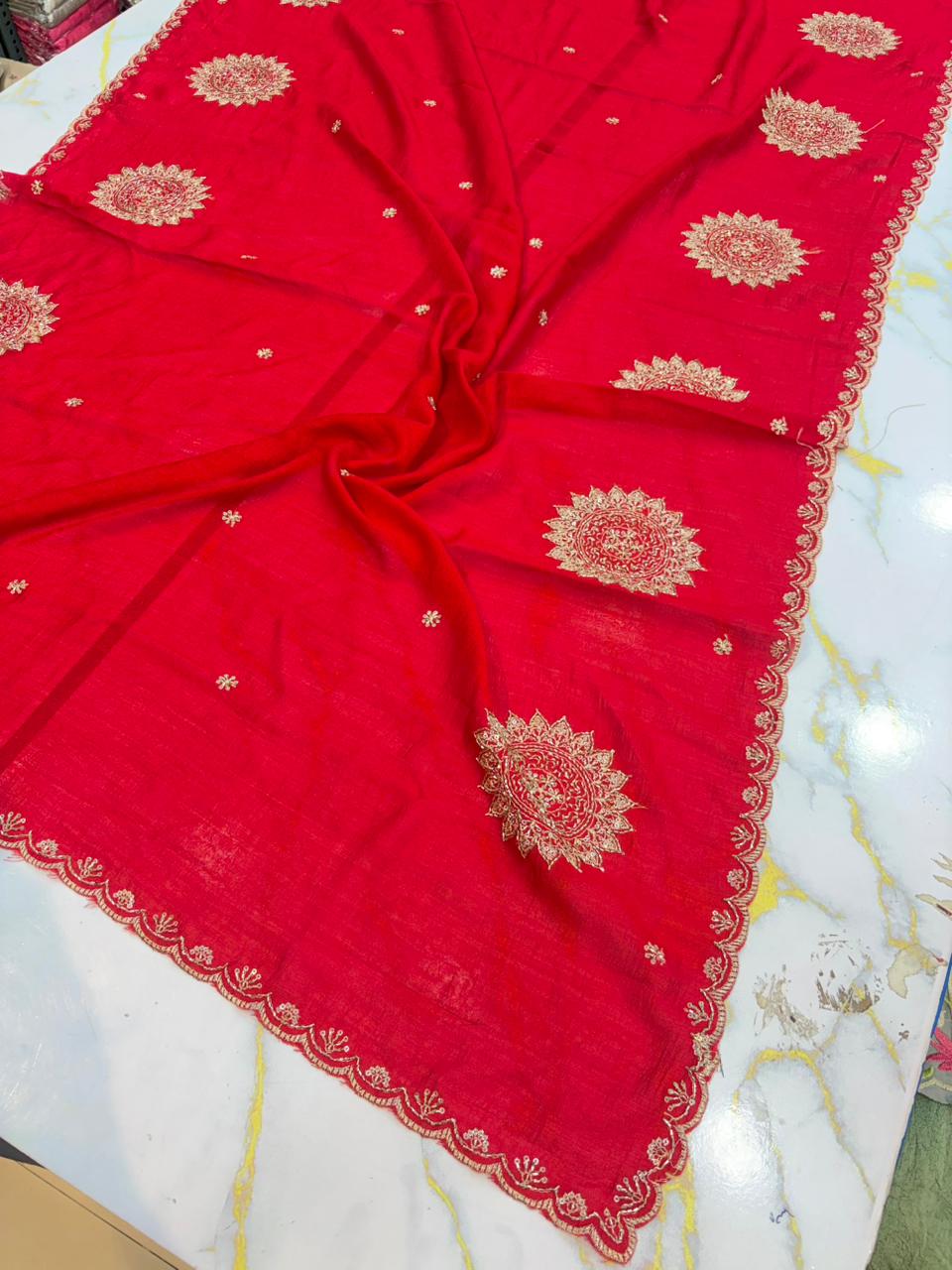 Vichitra Silk Dupatta with Grand Mandala Embroidery & Scalloped beats work Borders (2.75M