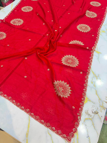 Vichitra Silk Dupatta with Grand Mandala Embroidery & Scalloped beats work Borders (2.75M