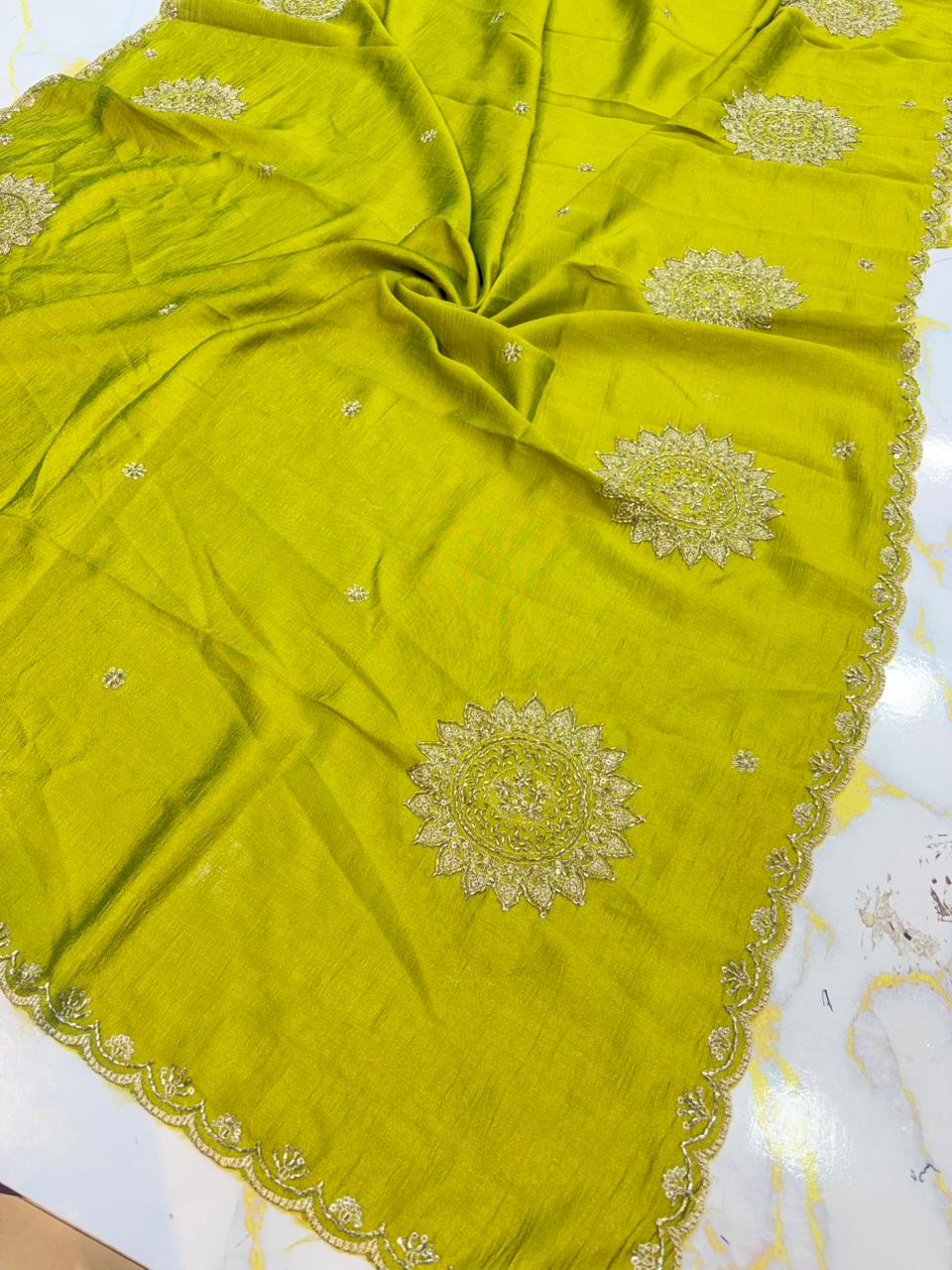 Vichitra Silk Dupatta with Grand Mandala Embroidery & Scalloped beats work Borders (2.75M