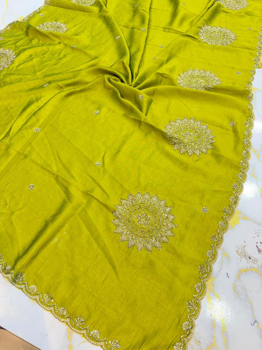 Vichitra Silk Dupatta with Grand Mandala Embroidery & Scalloped beats work Borders (2.75M