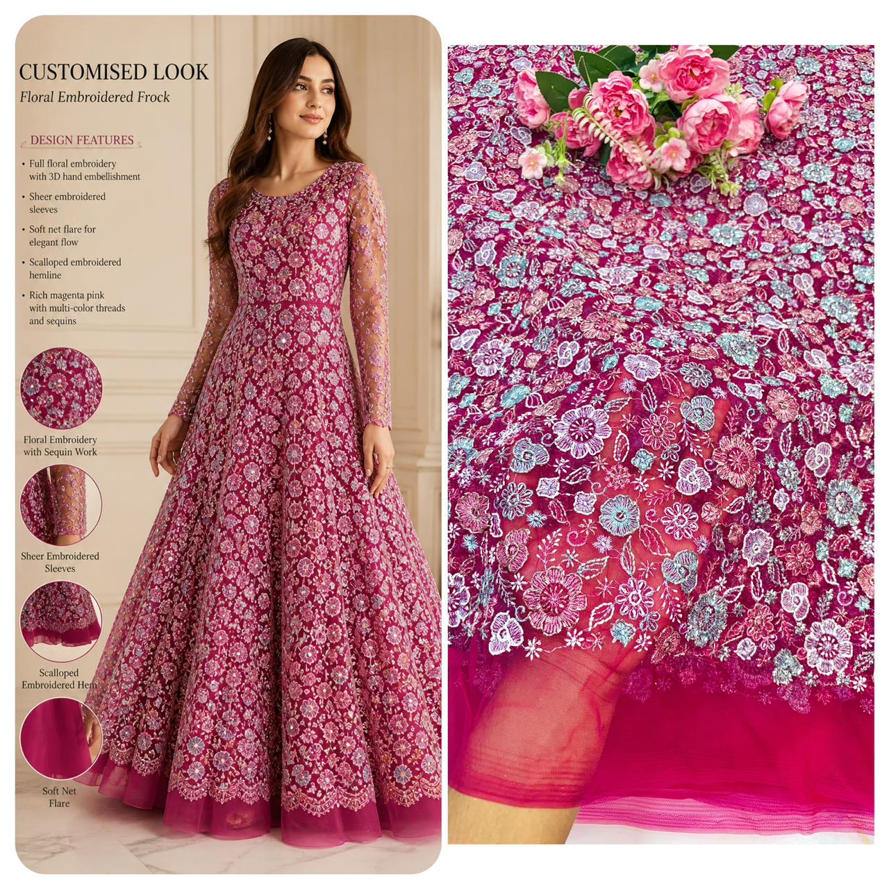 💫Royal Floral Embroidered Net Couture Fabric” beats work 44width