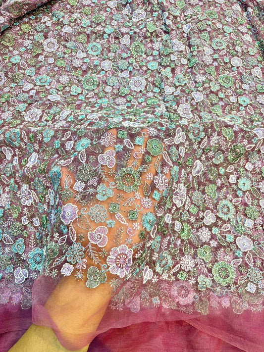 💫Royal Floral Embroidered Net Couture Fabric” beats work 44width