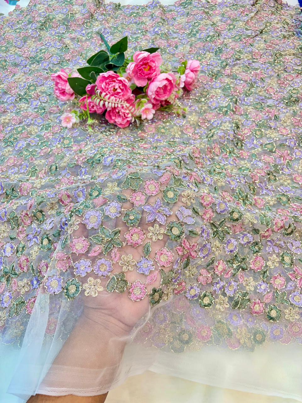 💫Royal Floral Embroidered Net Couture Fabric” beats work 44width
