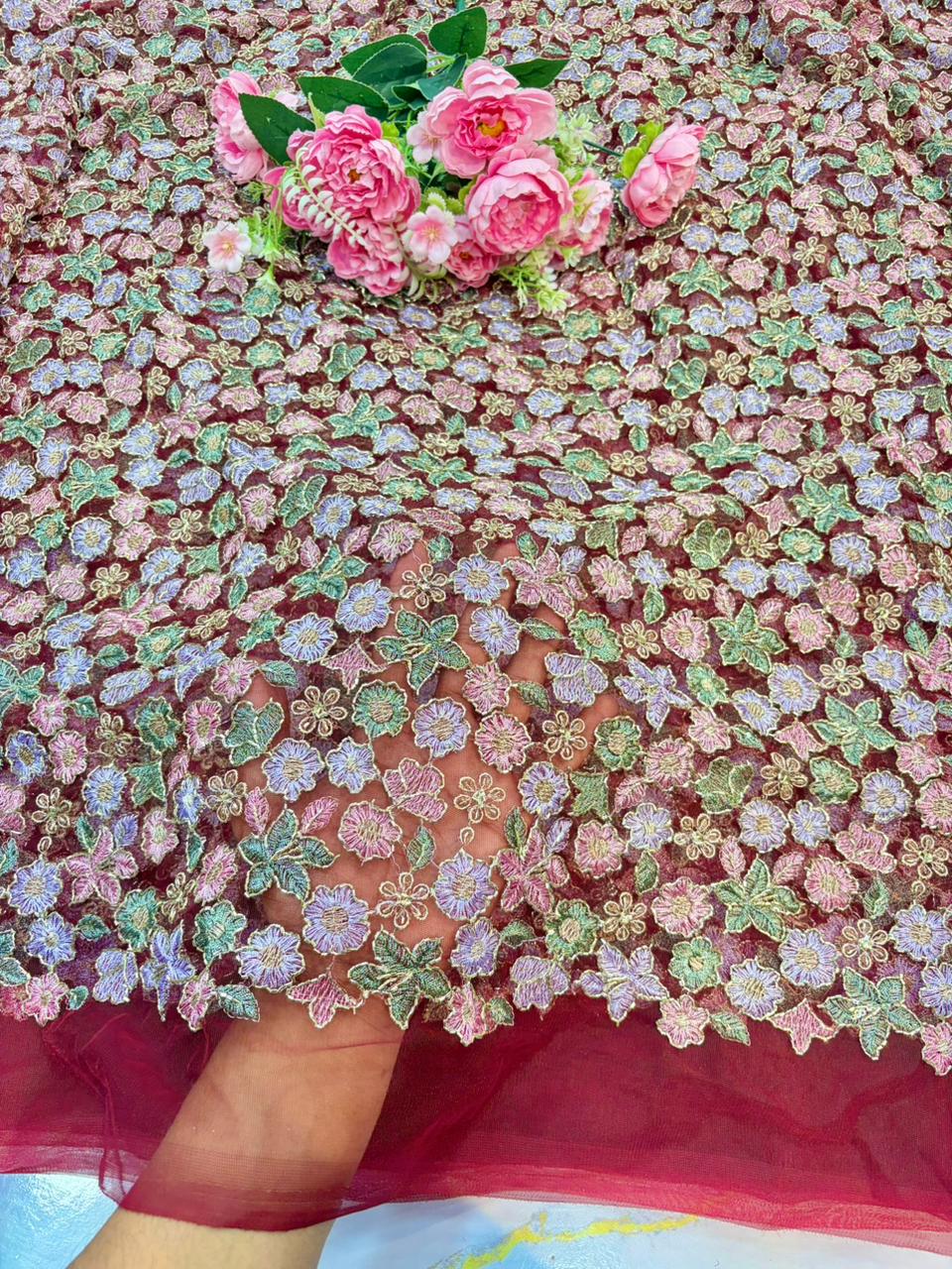 💫Royal Floral Embroidered Net Couture Fabric” beats work 44width