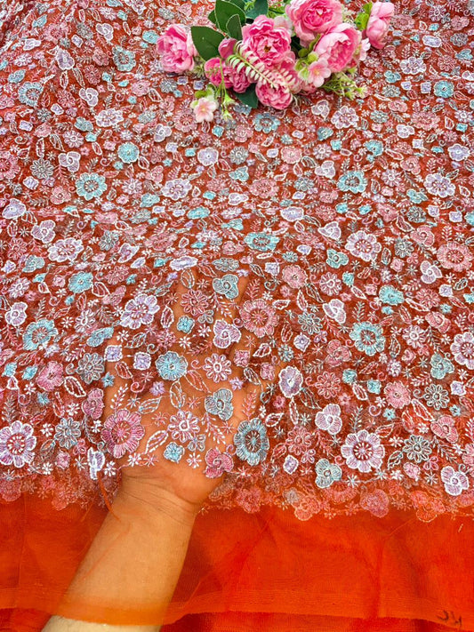 💫Royal Floral Embroidered Net Couture Fabric” beats work 44width