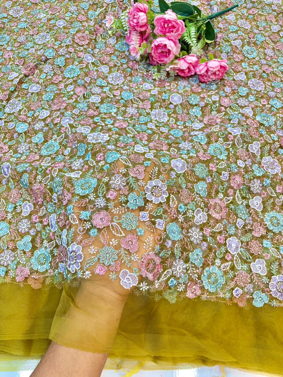💫Royal Floral Embroidered Net Couture Fabric” beats work 44width