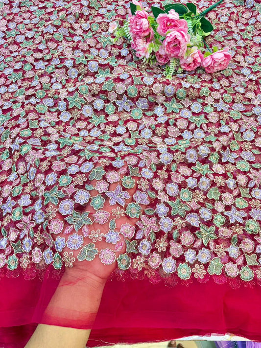 💫Royal Floral Embroidered Net Couture Fabric” beats work 44width