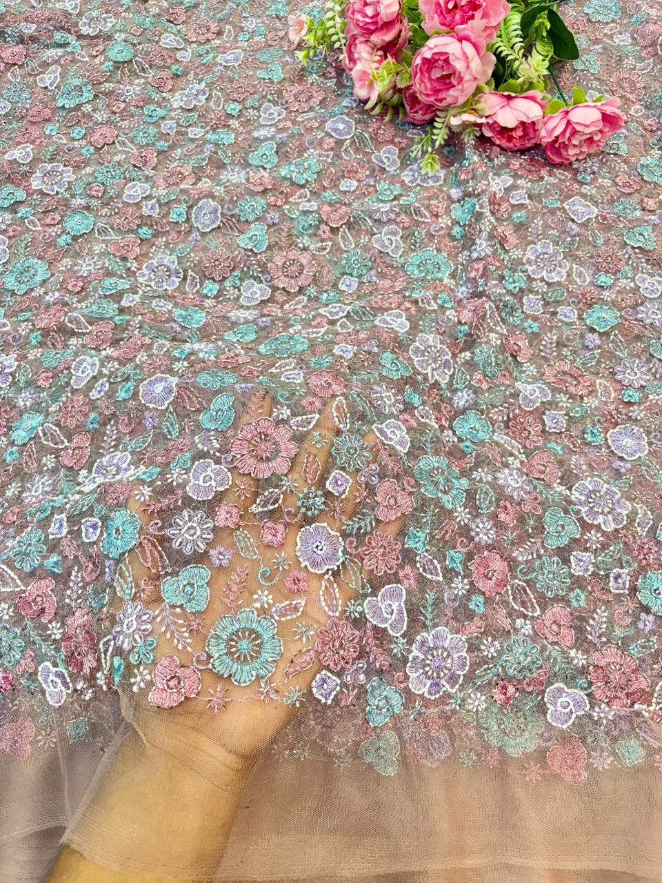 💫Royal Floral Embroidered Net Couture Fabric” beats work 44width