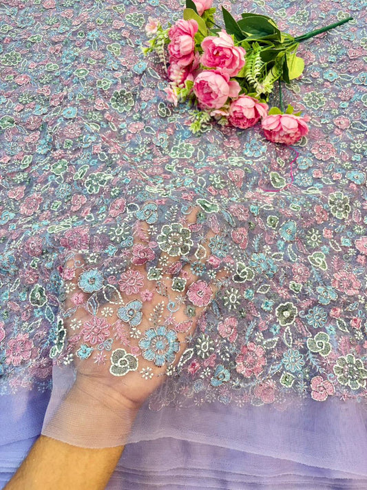 💫Royal Floral Embroidered Net Couture Fabric” beats work 44width