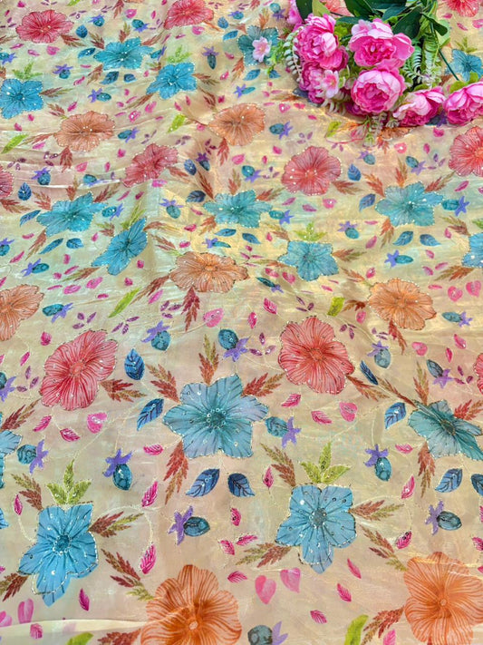 Beautiful Pastel Bloom Beaded Organza beautiful floral  print width 44