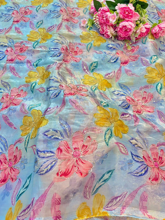 Beautiful Pastel Bloom Beaded Organza beautiful floral  print width 44