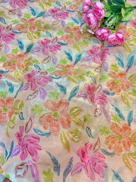 Beautiful Pastel Bloom Beaded Organza beautiful floral  print width 44