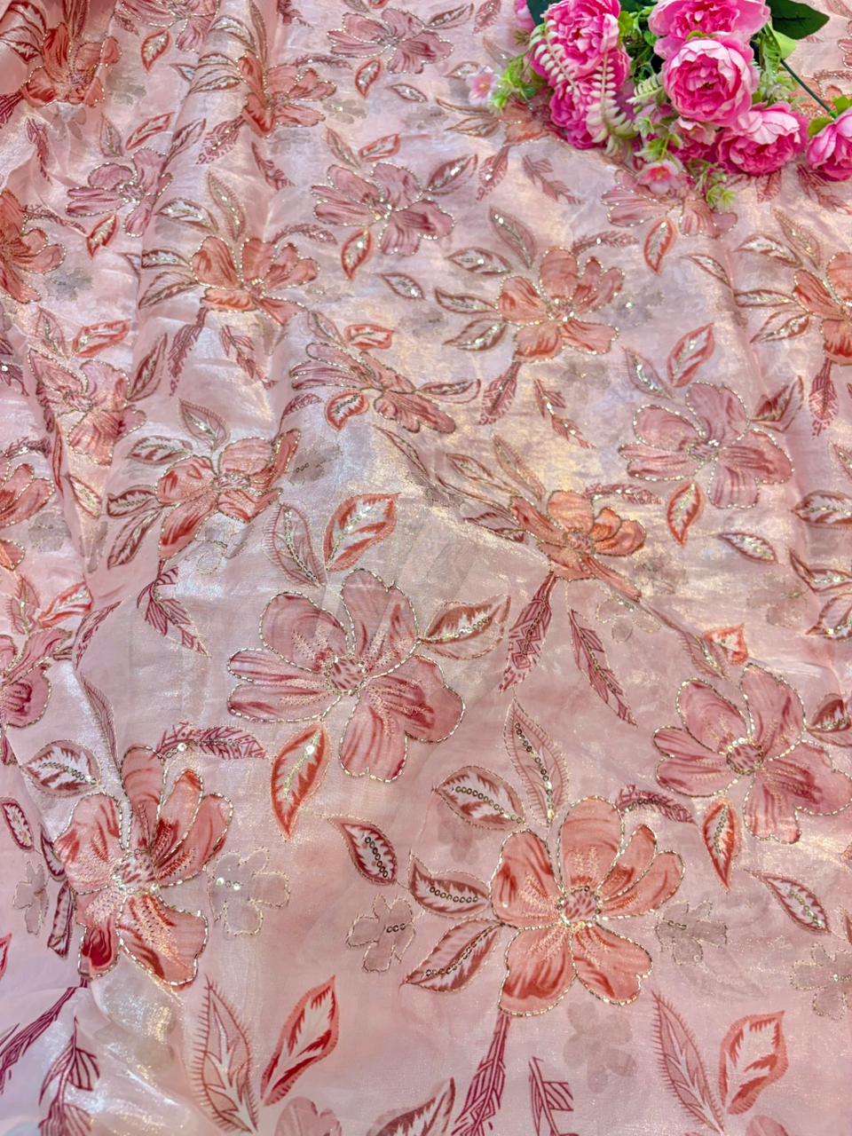 Beautiful Pastel Bloom Beaded Organza beautiful floral  print width 44