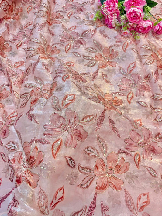 Beautiful Pastel Bloom Beaded Organza beautiful floral  print width 44