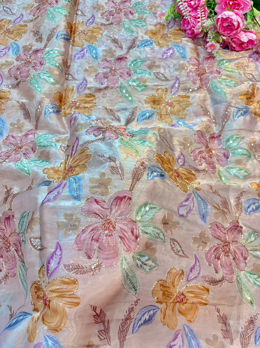 Beautiful Pastel Bloom Beaded Organza beautiful floral  print width 44