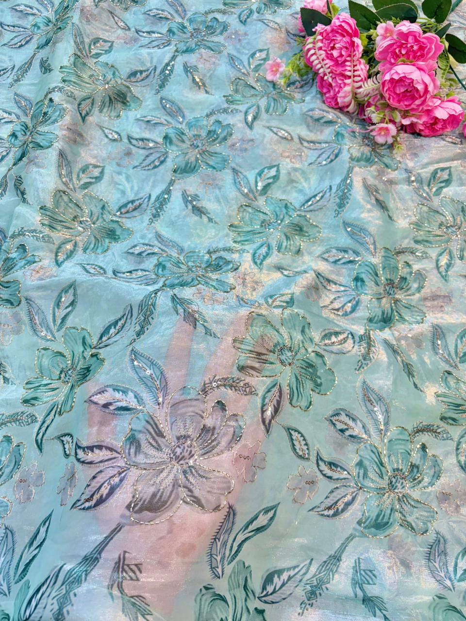 Beautiful Pastel Bloom Beaded Organza beautiful floral  print width 44