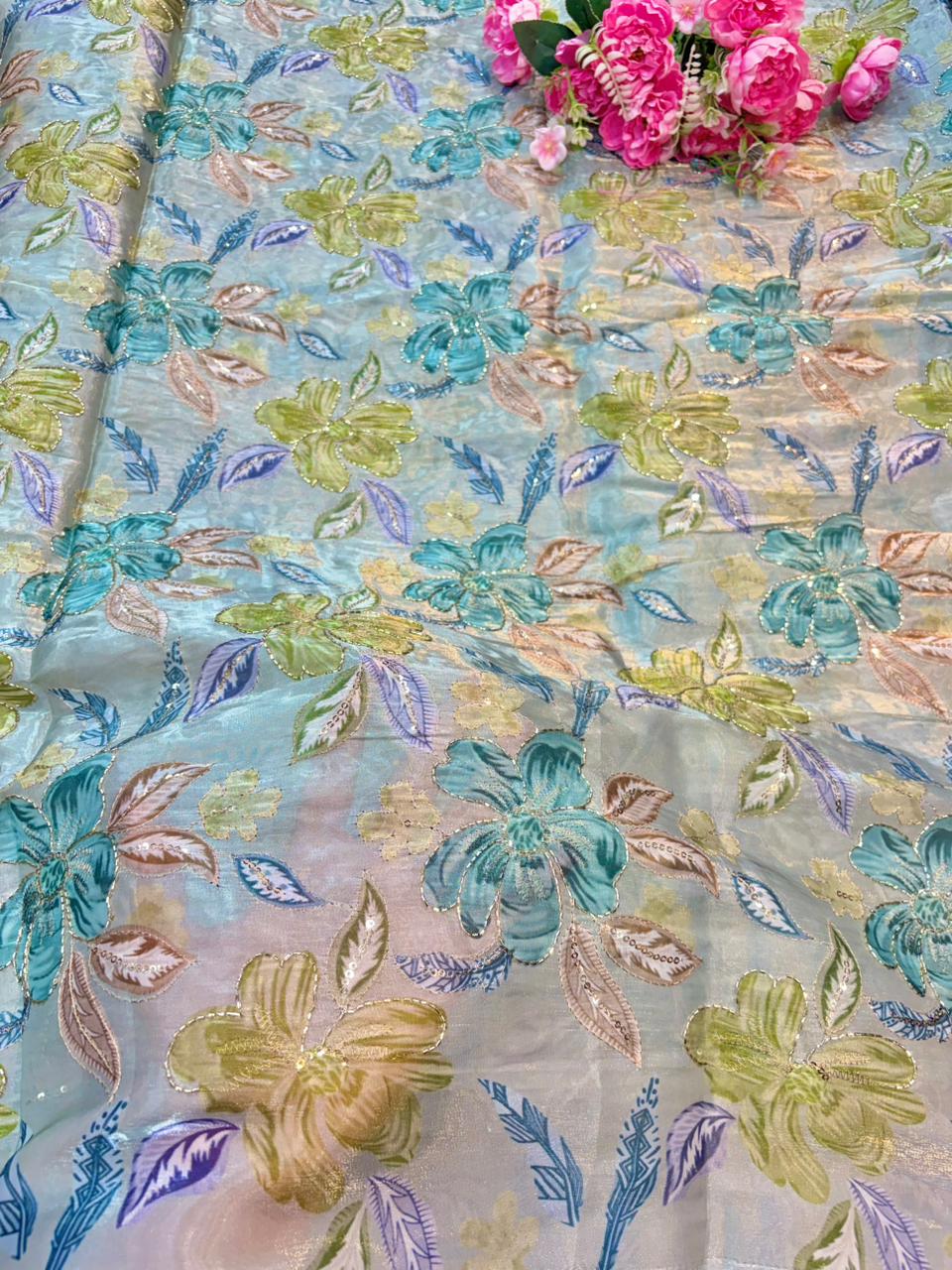 Beautiful Pastel Bloom Beaded Organza beautiful floral  print width 44