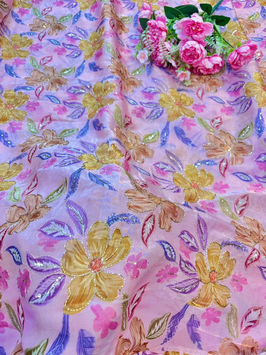 Beautiful Pastel Bloom Beaded Organza beautiful floral  print width 44