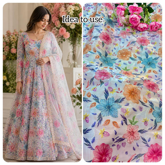 Beautiful Pastel Bloom Beaded Organza beautiful floral  print width 44