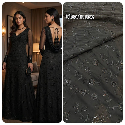 Midnight Bloom Beaded pure foog Georgette  soft structure Fabric  width 44 sare , frock , blouse and etc
