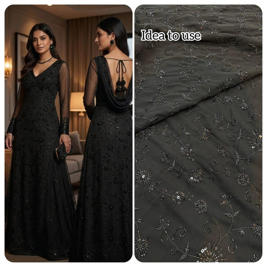 Midnight Bloom Beaded pure foog Georgette  soft structure Fabric  width 44 sare , frock , blouse and etc