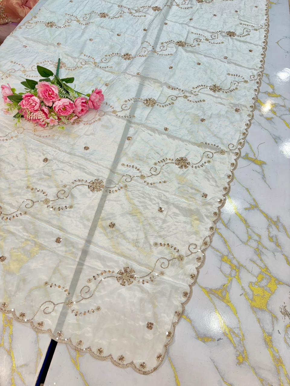 💓Celestial Heritage Dupatta 100% Premium Natural Crepe a silky-smooth touch 2.75 metrr 4 side border heavy work (Copy)