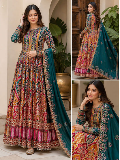 Glory Multicolor Floral Handwork Natural Crêpe – Bridal Collection 60width