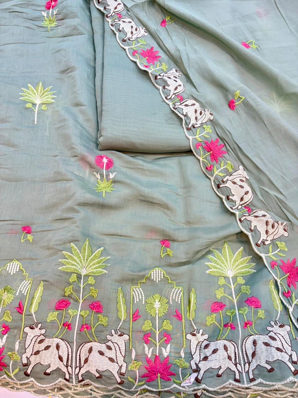 Elegant Pashmina Silk with 2 side work Dupatta with Embroidered Borders and plain width 44