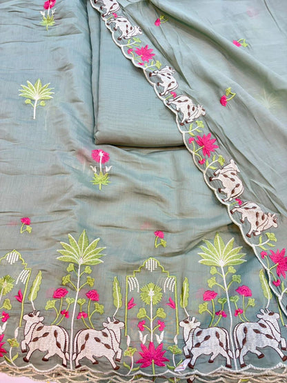Elegant Pashmina Silk with 2 side work Dupatta with Embroidered Borders and plain width 44