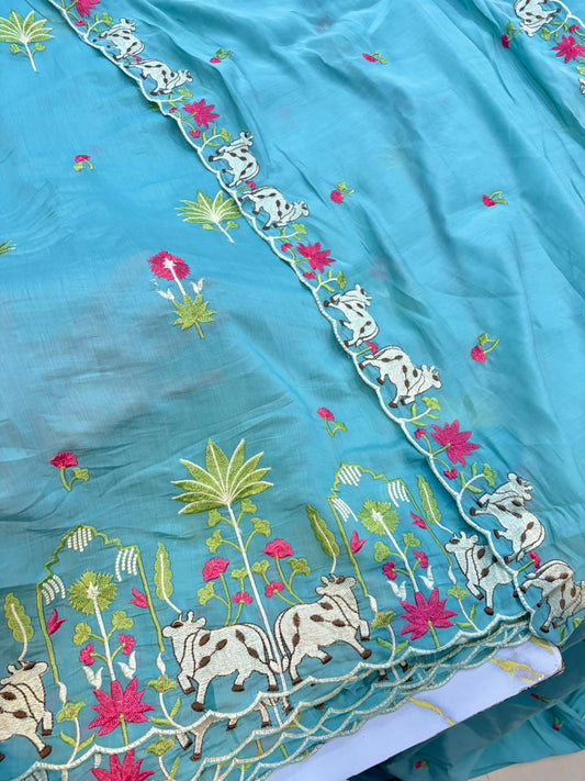 Elegant Pashmina Silk with 2 side work Dupatta with Embroidered Borders and plain width 44
