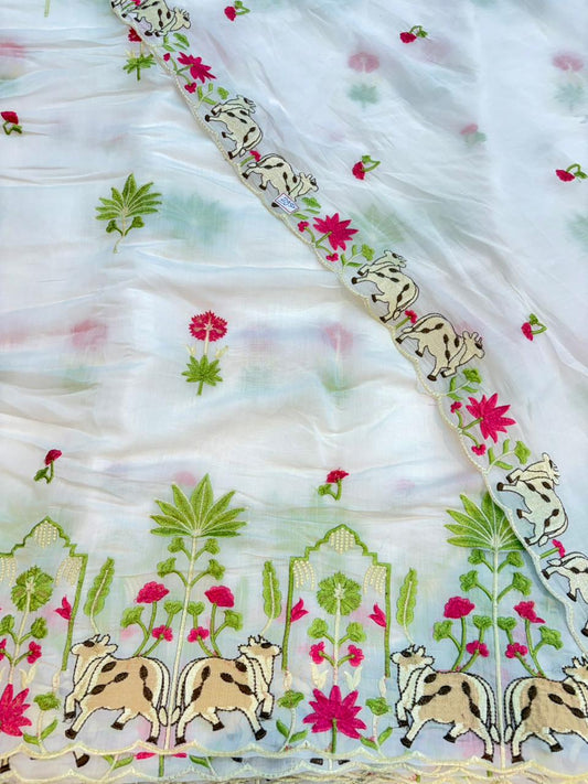 Elegant Pashmina Silk with 2 side work Dupatta with Embroidered Borders and plain width 44