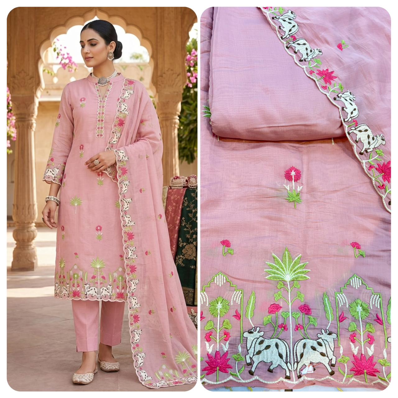 Elegant Pashmina Silk with 2 side work Dupatta with Embroidered Borders and plain width 44