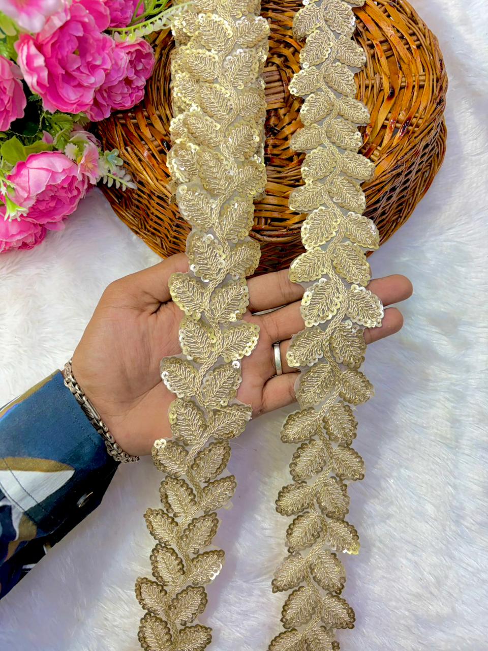 Designer Embroidered Sequin Leaf Border – Exquisite Maggam Inspired ( Handwork pack of 9 meter