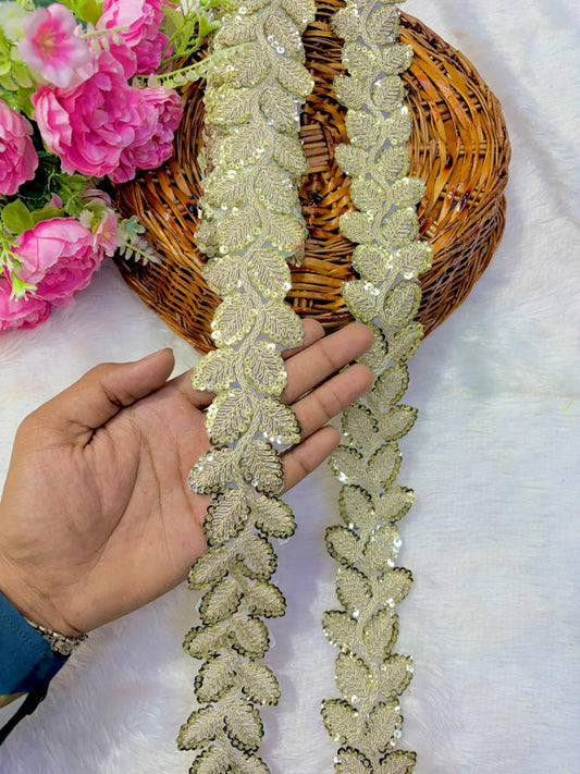 Designer Embroidered Sequin Leaf Border – Exquisite Maggam Inspired ( Handwork pack of 9 meter
