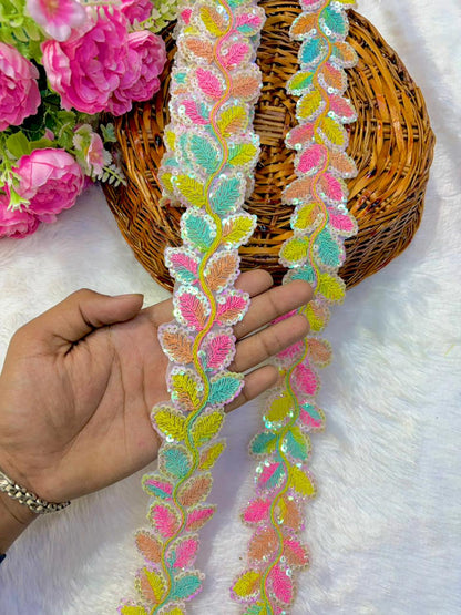 Designer Embroidered Sequin Leaf Border – Exquisite Maggam Inspired ( Handwork pack of 9 meter