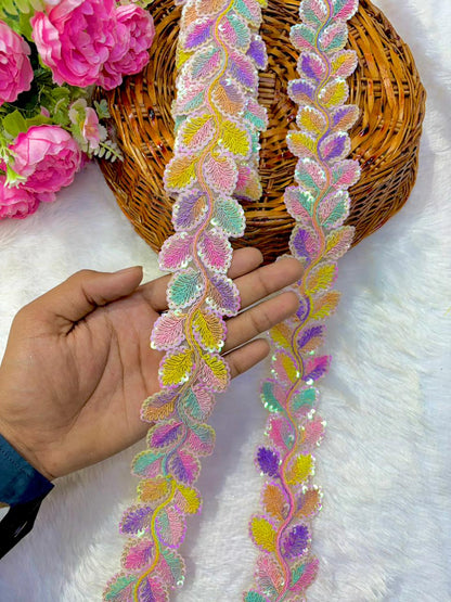 Designer Embroidered Sequin Leaf Border – Exquisite Maggam Inspired ( Handwork pack of 9 meter