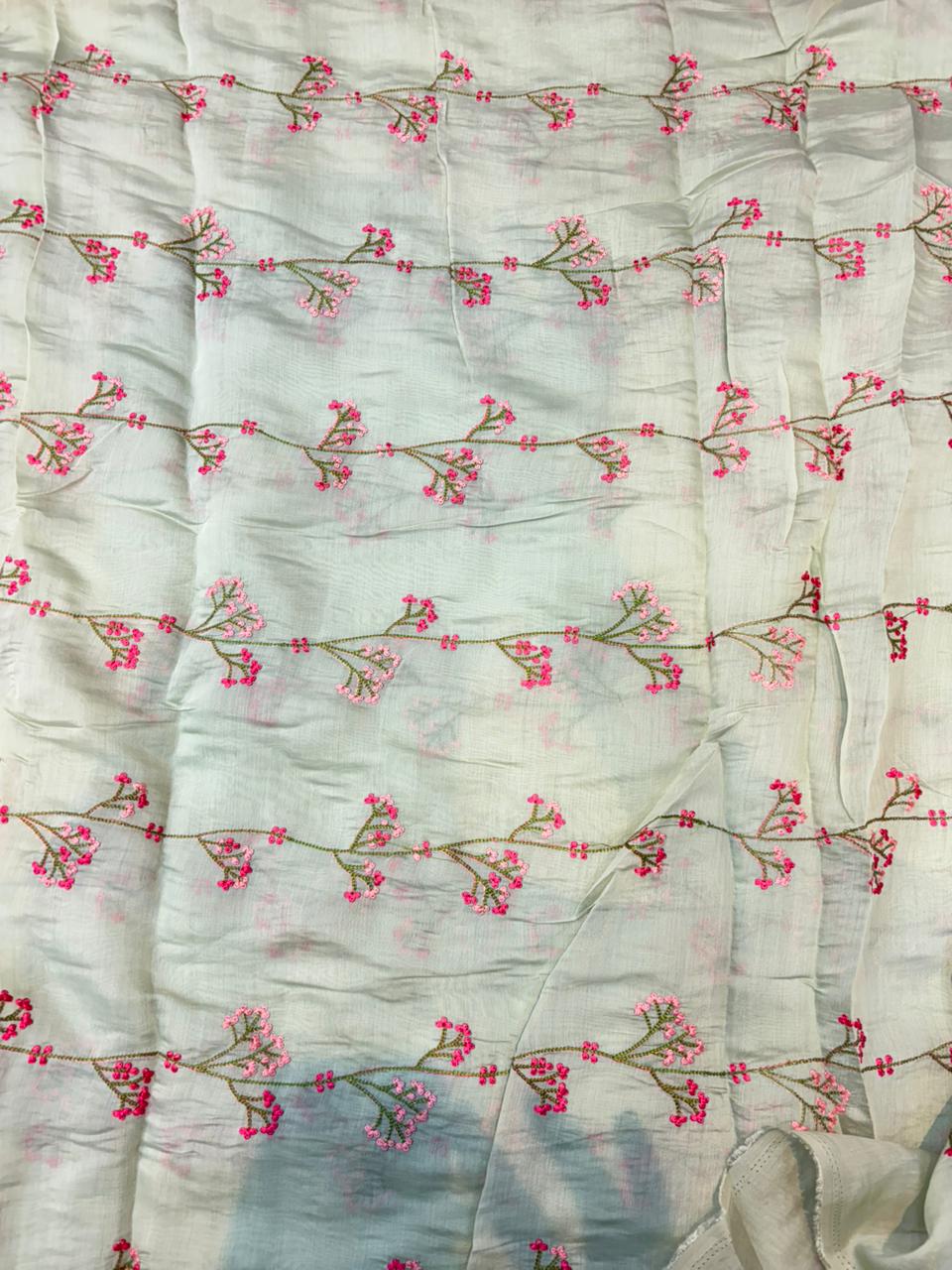 This premium fabric is a Floral Embroidered Pashmina Silk width 44