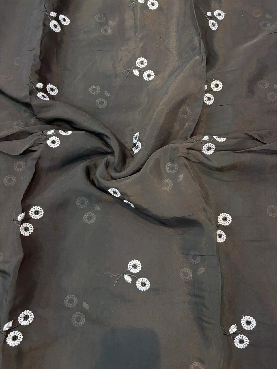 This premium fabric is a Floral Embroidered Pashmina Silk width 44