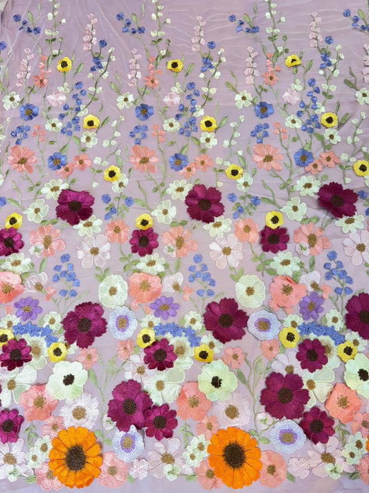 Midnight Bloom 3D Floral Appliqué Net  width 60