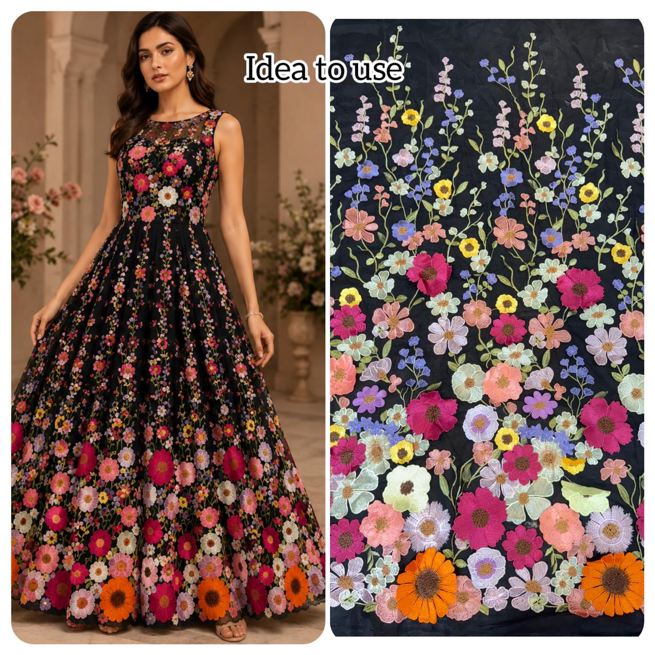 Midnight Bloom 3D Floral Appliqué Net  width 60