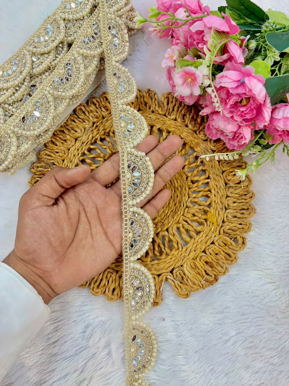 Exclusive Mirror pearl stone Lace border pack of 9metrr