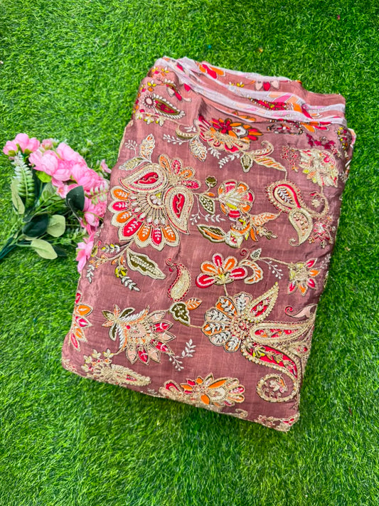 Premium Pure Natural Crêpe Fabric – Floral Embroidered Collection width 44
