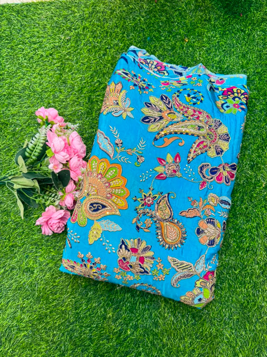 Premium Pure Natural Crêpe Fabric – Floral Embroidered Collection width 44